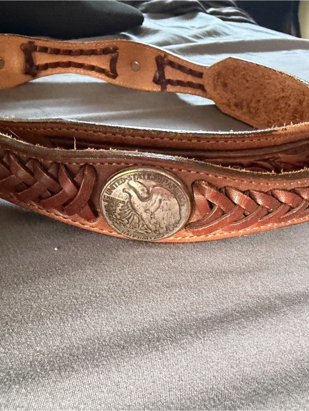 Vintage Justin BootsBraided Leather Belt Half Dollar Silver Buckle Size 36